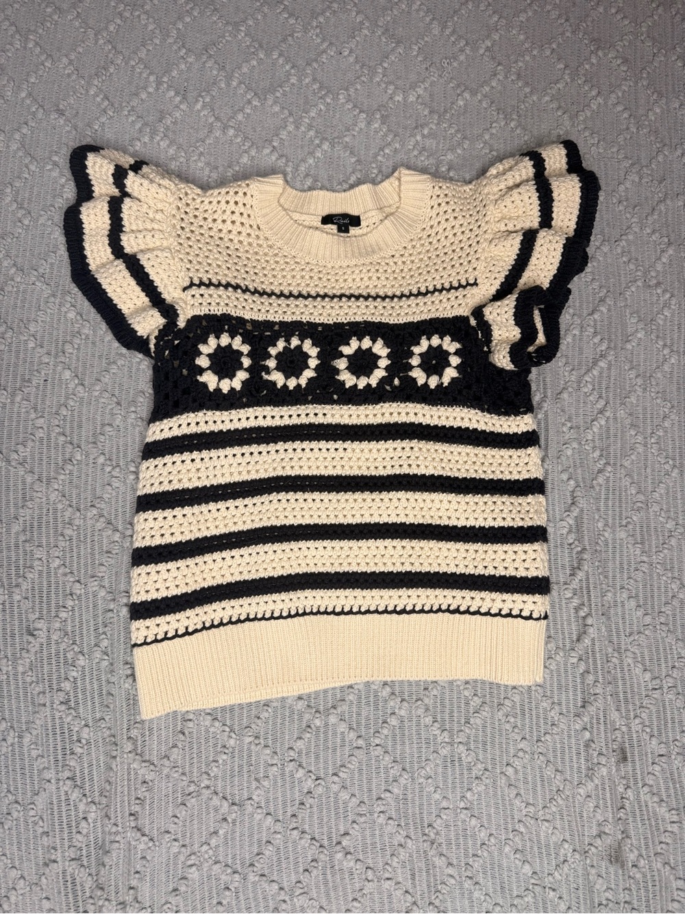 NWOT SOLD OUT Rails Penelope Flutter Sleeve Crochet Stripe Navy/Cream Sweater
